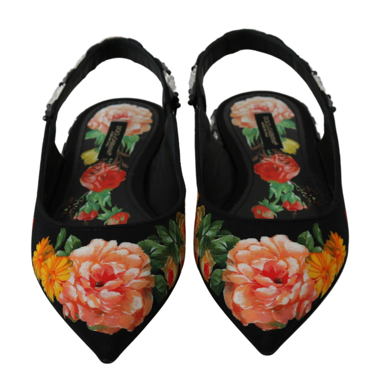 Mustat kukalliset kristallikoristeiset slingback-ballerinakengät