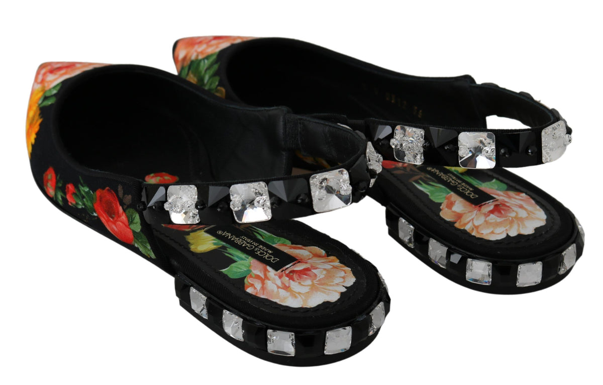 Mustat kukalliset kristallikoristeiset slingback-ballerinakengät