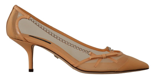 Peach Mesh Leather Chains Heels Pumps Shoes