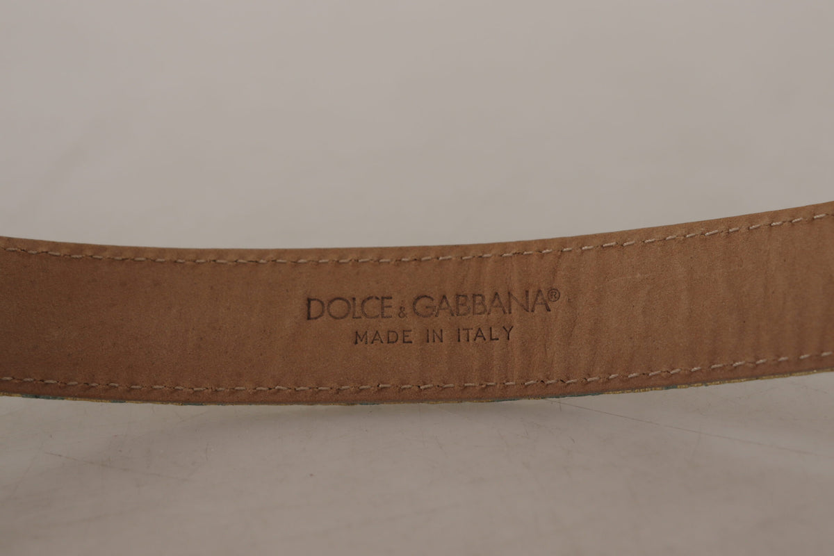 Blue Leather Jacquard Embossed Gold Metal Buckle Belt