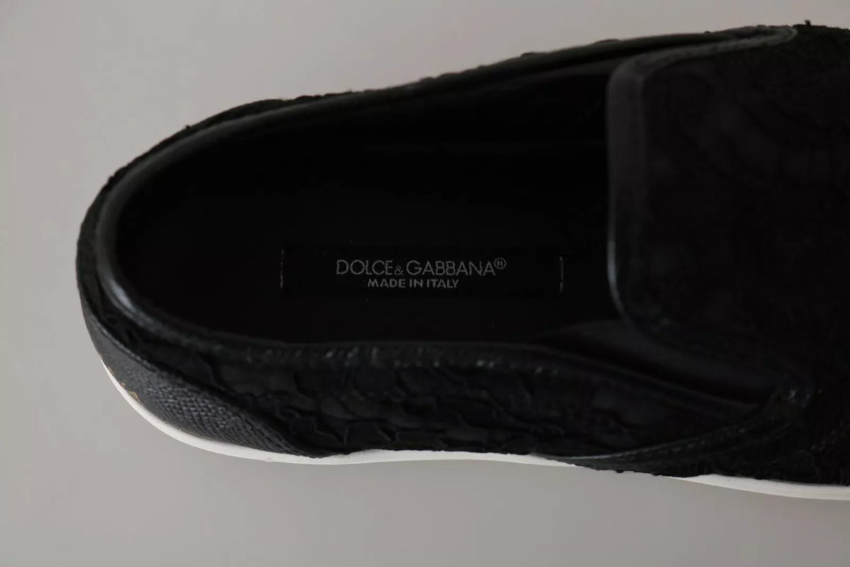 Black Lace Leather Logo Flat Slip-On Sneakers