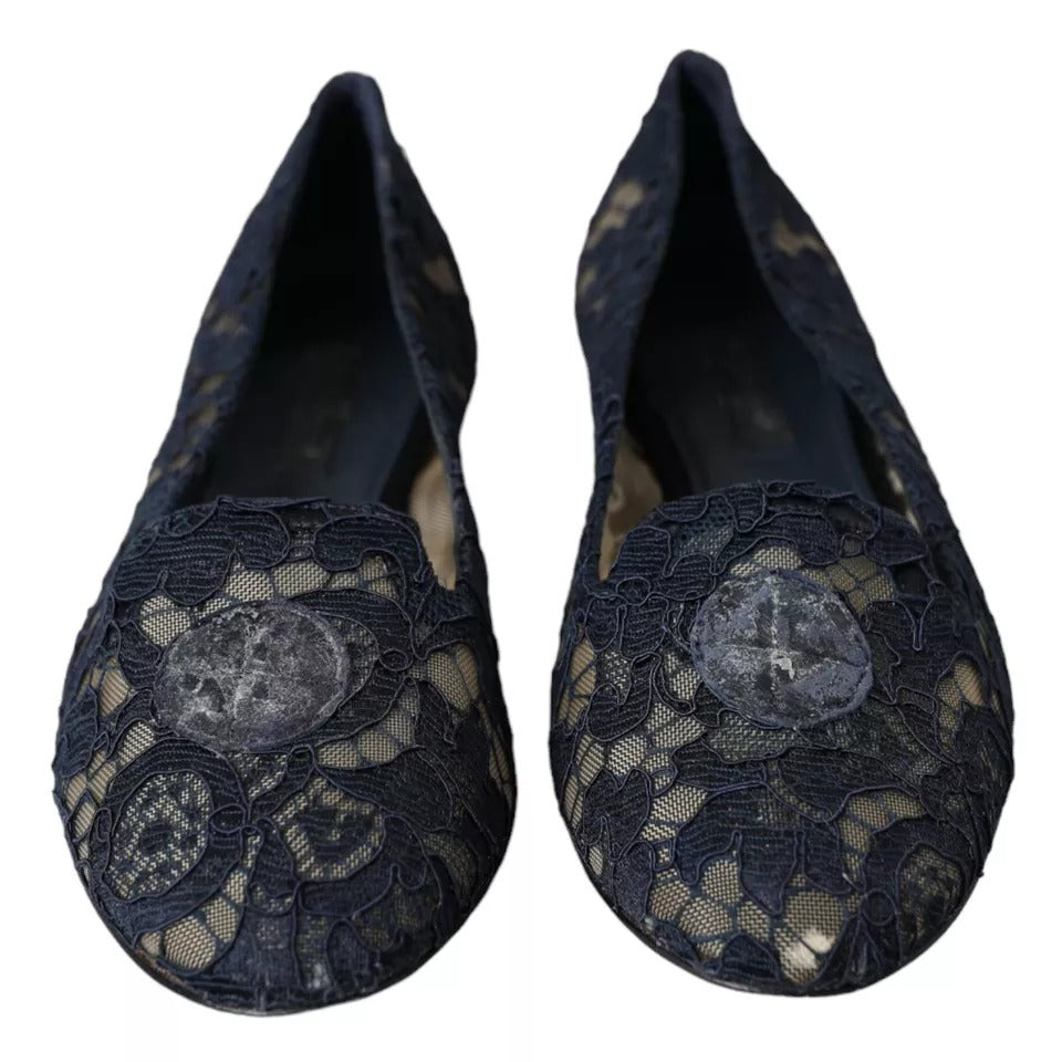 Dark Blue Taormina Lace Slip On Flats Shoes