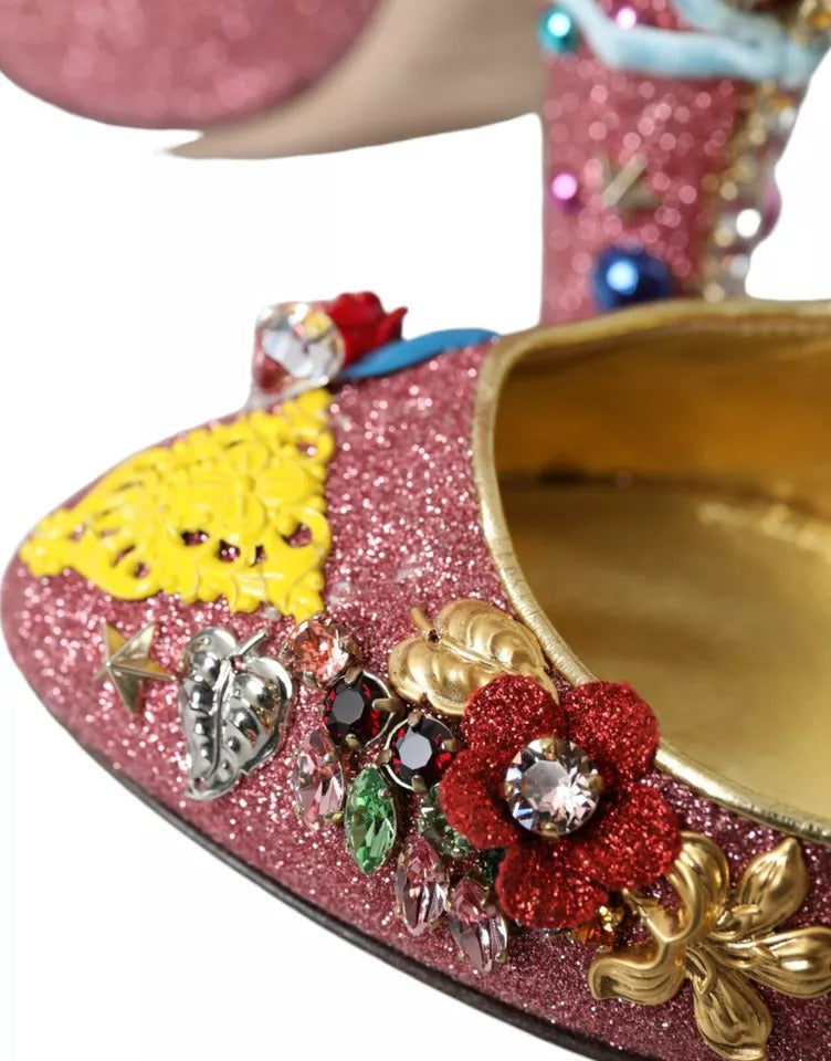 Pink Embellished Fur Mary Jane Pumps Shoes