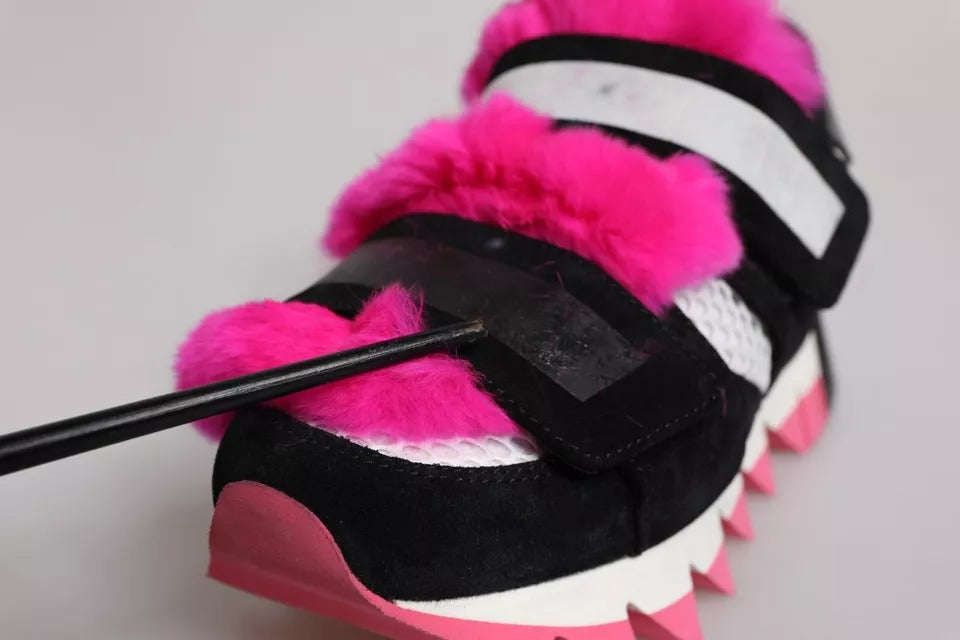 Black Pink Fur Embellished Sneakers Shoes
