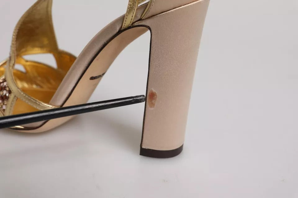 Beige Crystal Embellished Satin Leather Pumps Shoes