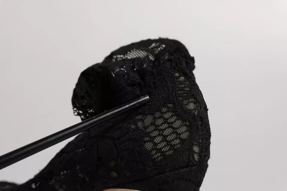 Black Lace Stretch Heels Mid Calf Boots Shoes