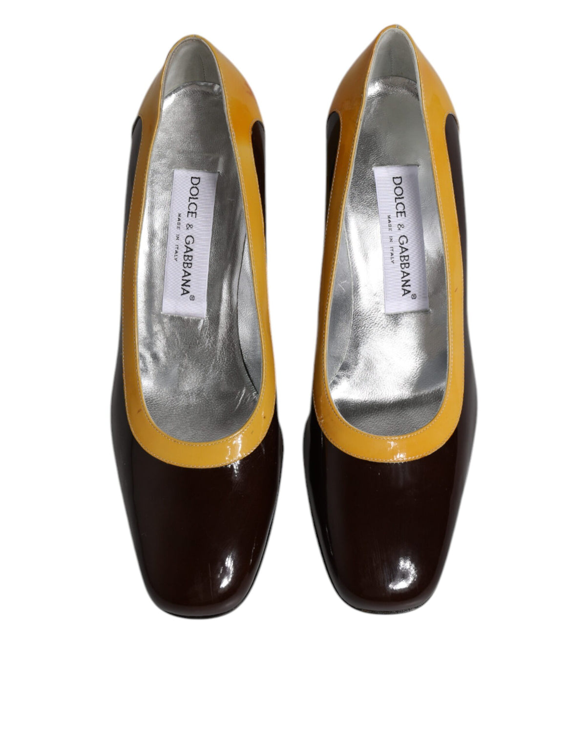 Yellow Brown Leather Block Heel Pumps Shoes