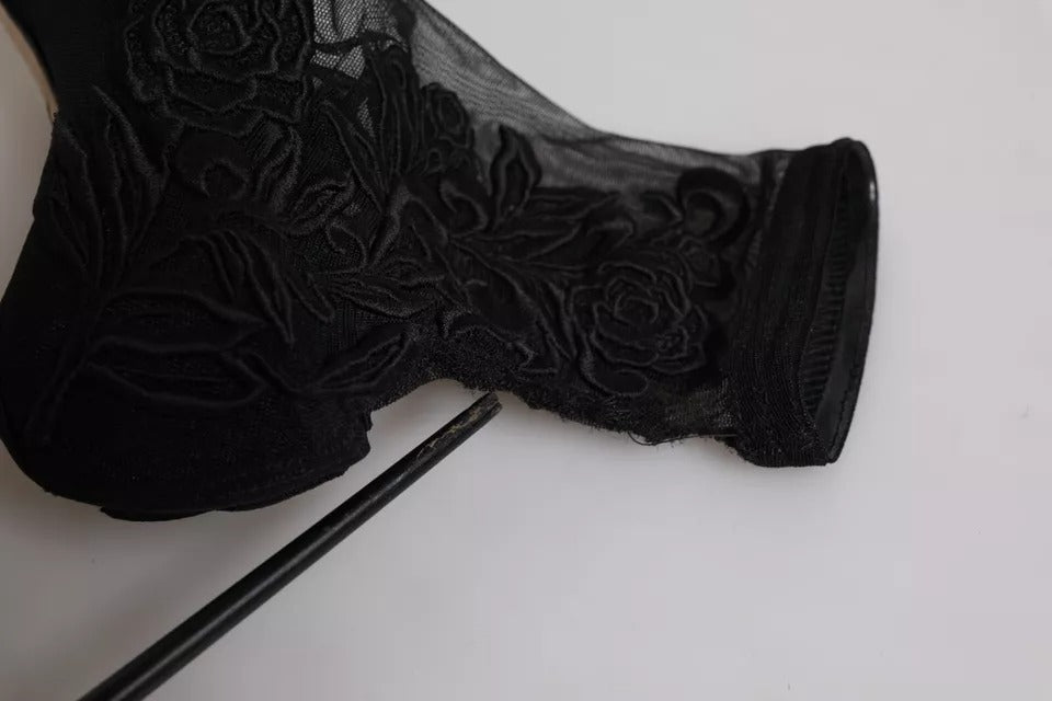 Black Tulle Stretch Heels Mid Calf Boots Shoes