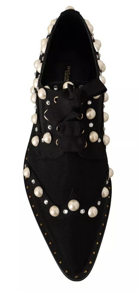 Black Lace Up Jewelled Formal Flats Shoes