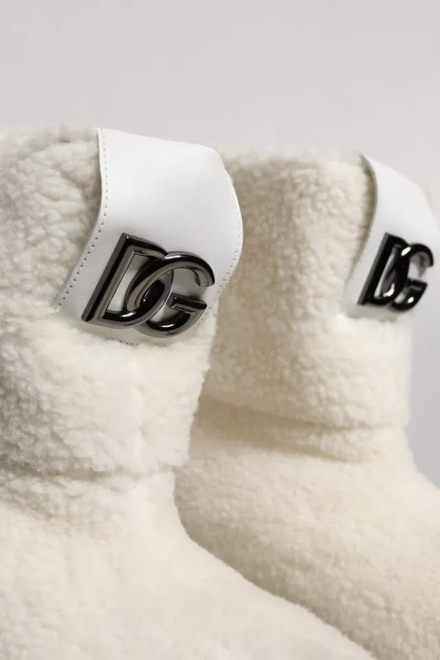 White Plush Logo Padded Mid Calf Boots Shoes