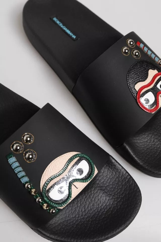 Black Divers Leather Flats Slides Sandals Beachwear Shoes
