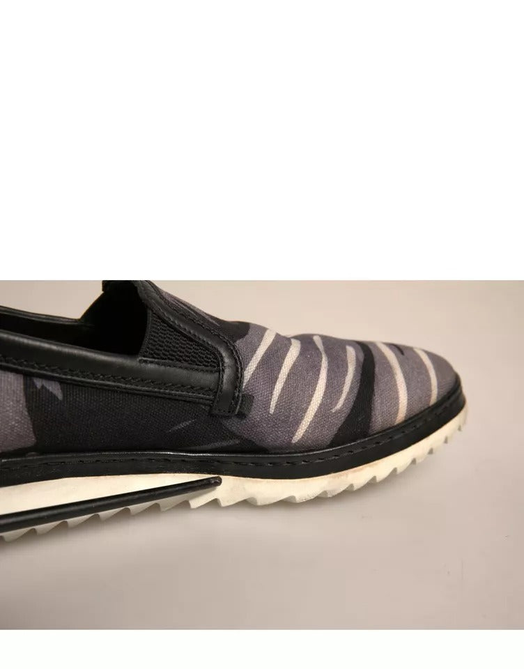 Black Canvas Tropical Print Slip On Shoes