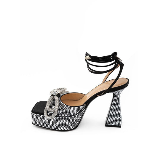 Black Leather Stiletto Heel Sandals