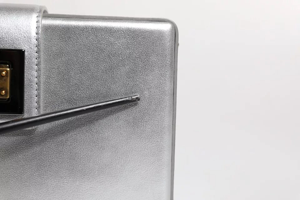 Metallic Silver DG BOX Leather Shoulder Strap Bag