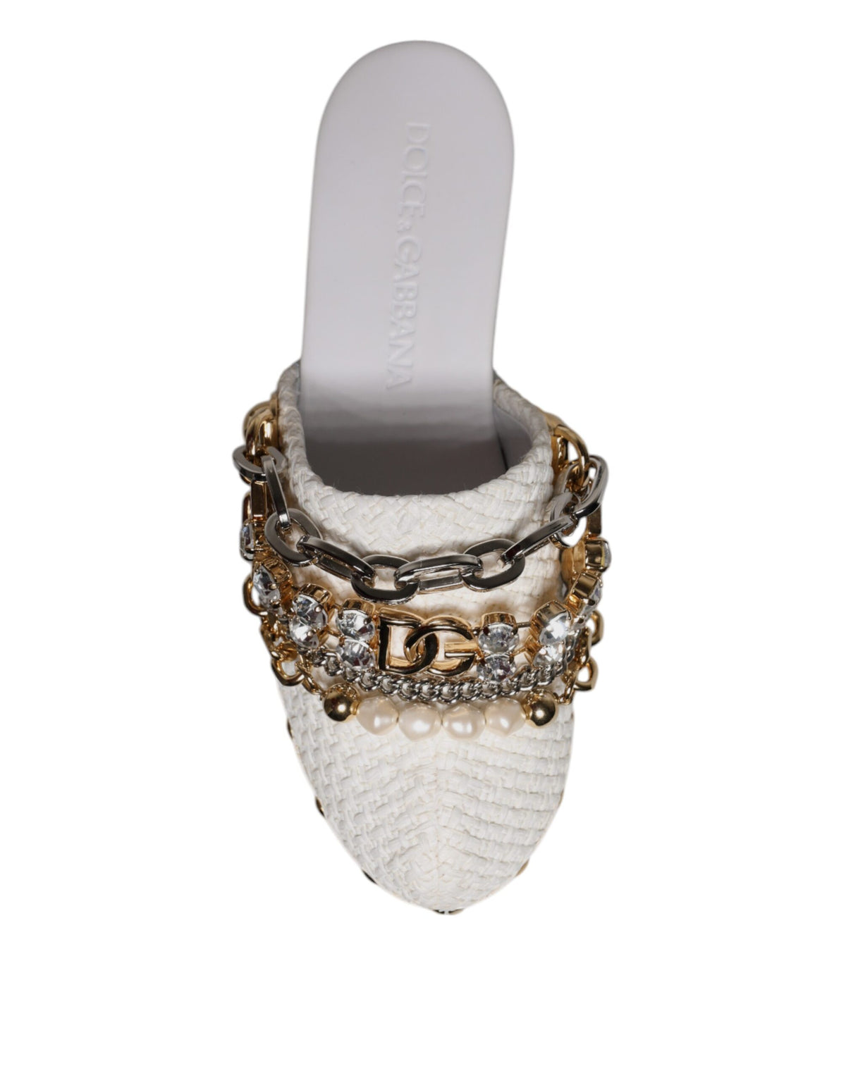 White Raffia Clogs Bejeweled Chain Sandals Shoes