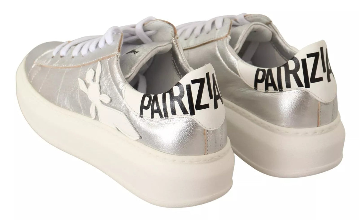 Silver Full Grain Leather Lace Up Sneakers Shoes