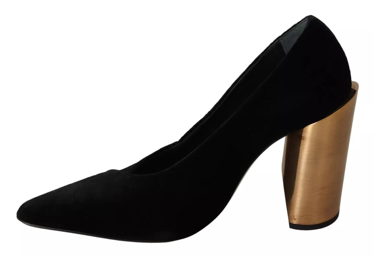 Black Leather Suede Block Heels Pumps Shoes