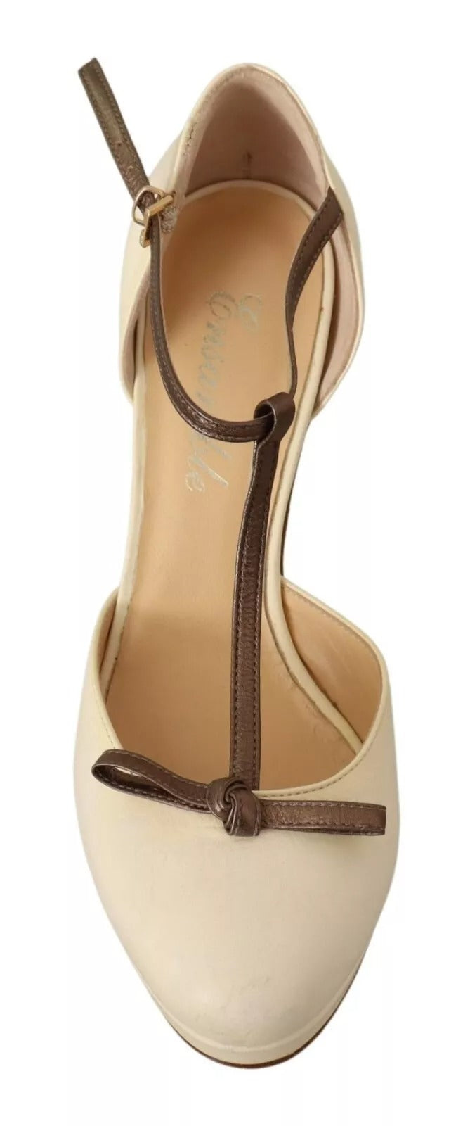 Beige T-Strap Block Heels Pumps Leather Shoes