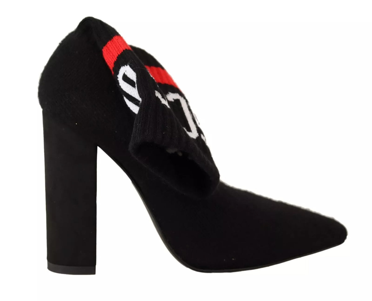 Black Suede Logo Socks Block Heel Ankle Boots Shoes