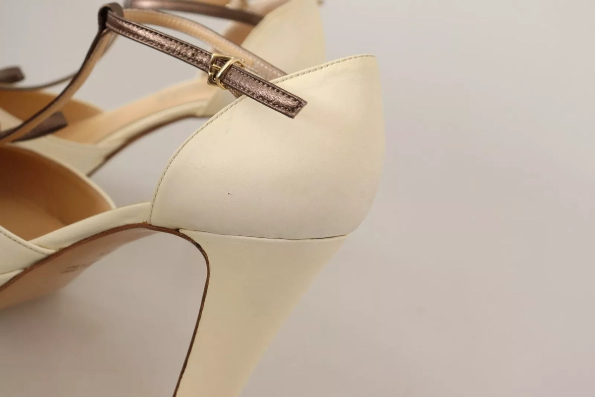 Off White Leather T-Strap Heels Sandals Shoes