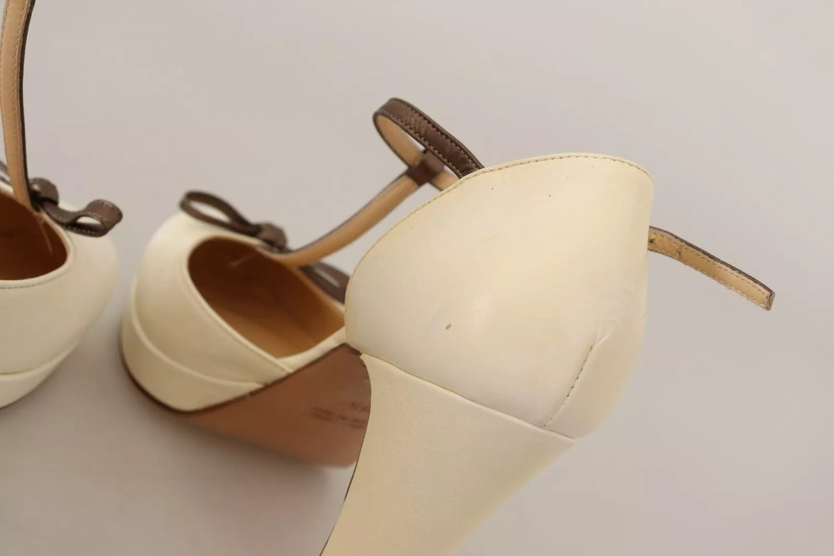 Off White Leather T-Strap Heels Sandals Shoes