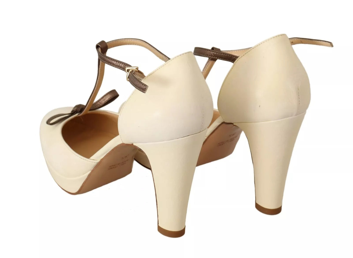 Off White Leather T-Strap Heels Sandals Shoes
