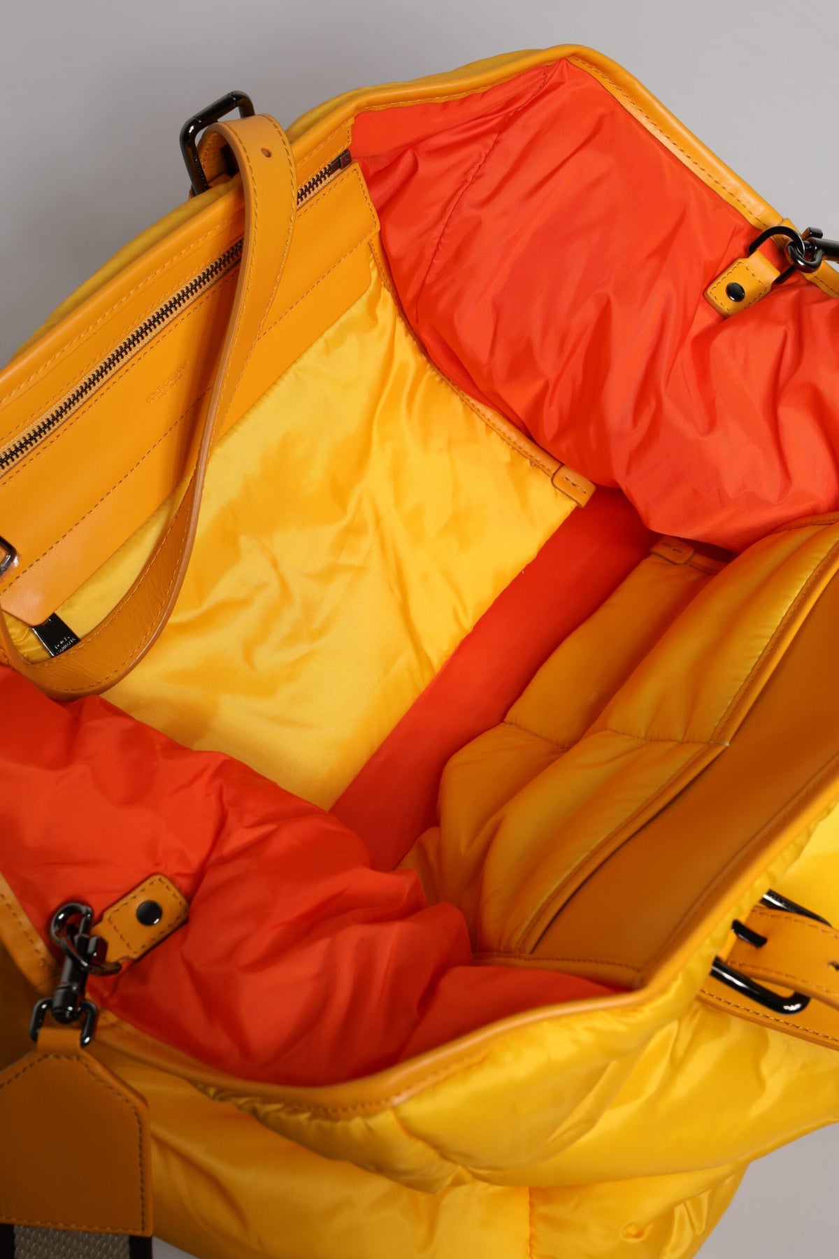 Yellow Orange Nylon Logo Plaque Hand Shoulder Duffle Bag