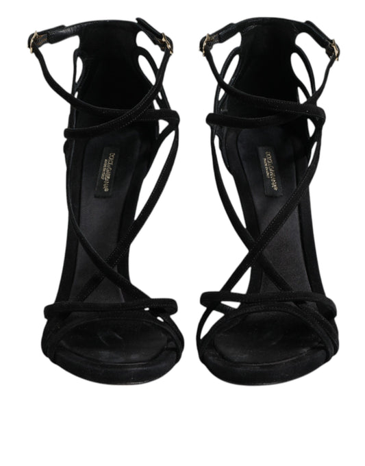 Black Leather Stiletto Heels Sandals Shoes