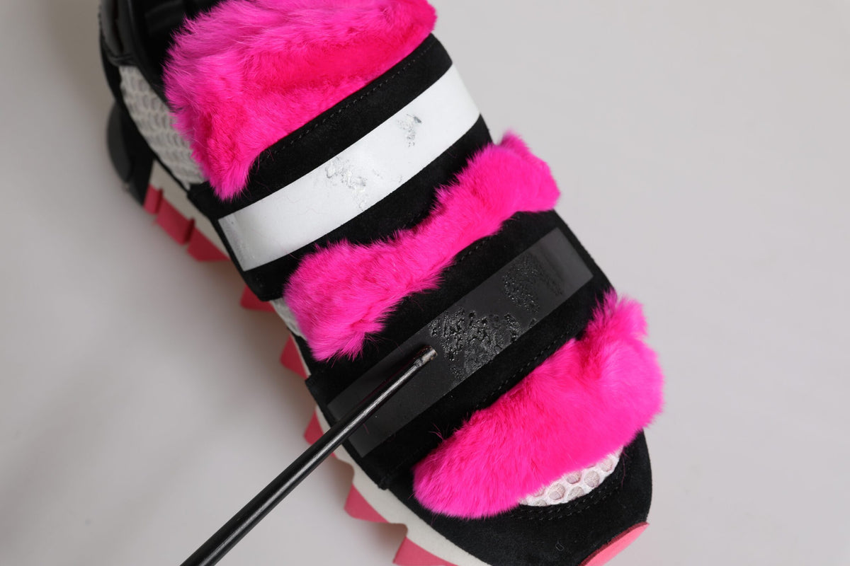 Black Pink Fur Embellished Sneakers Shoes