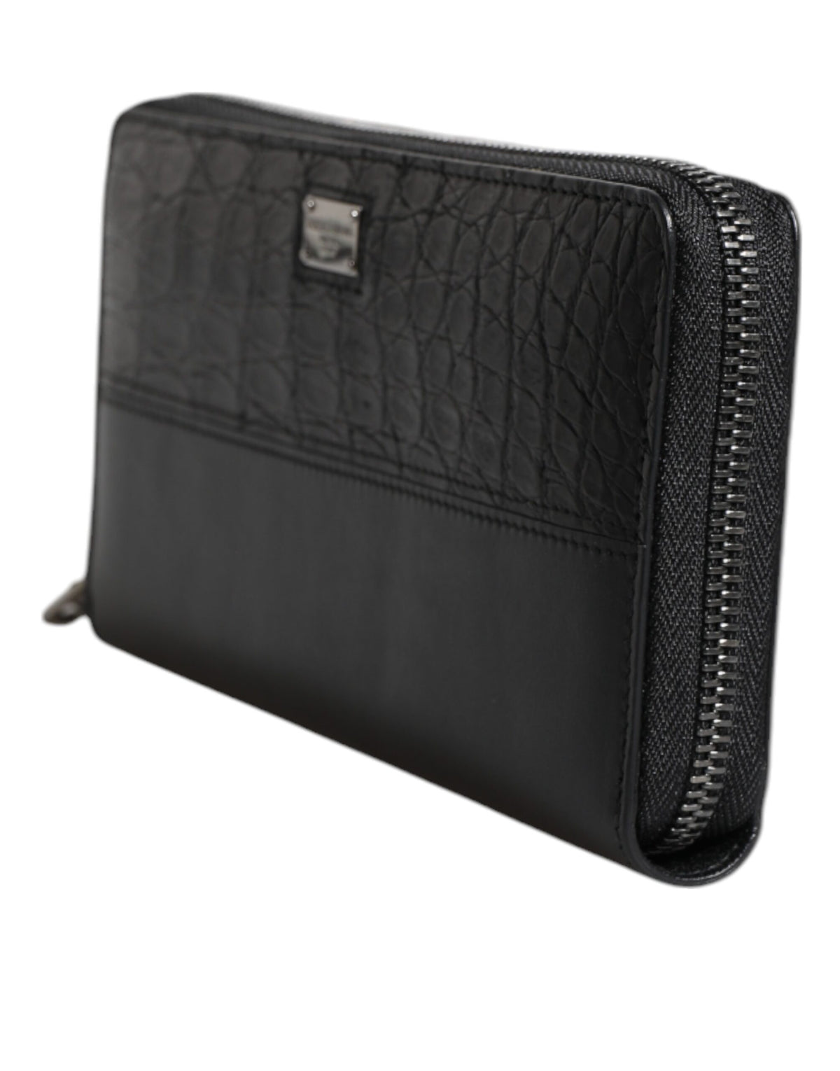 Black Leather Logo Plaque Zip Around Continental Wallet