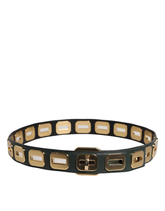 Green Leather Gold Tone Rotating Buckle Belt