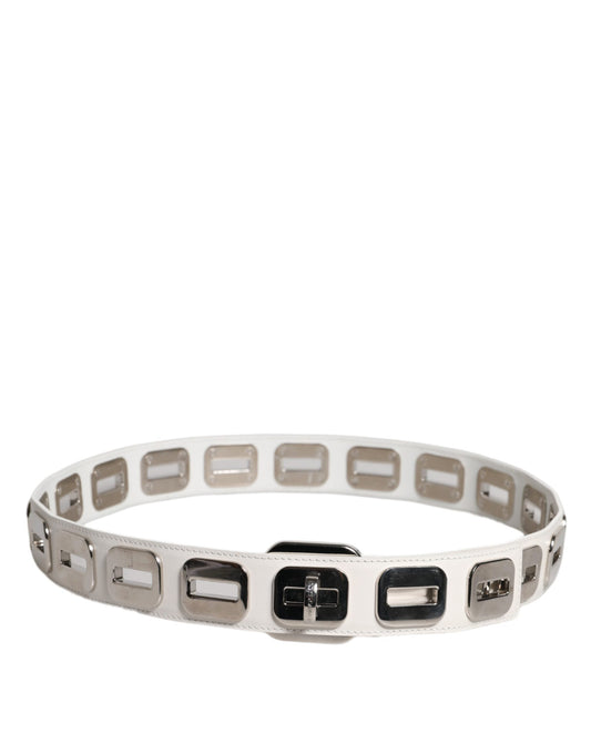 White Leather Gold Tone Rotating Buckle Belt