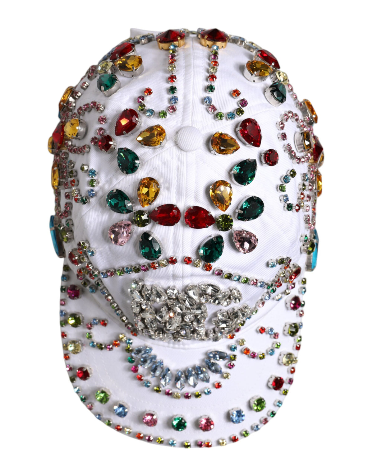 White Multicolor Crystal Embellish Baseball Cap
