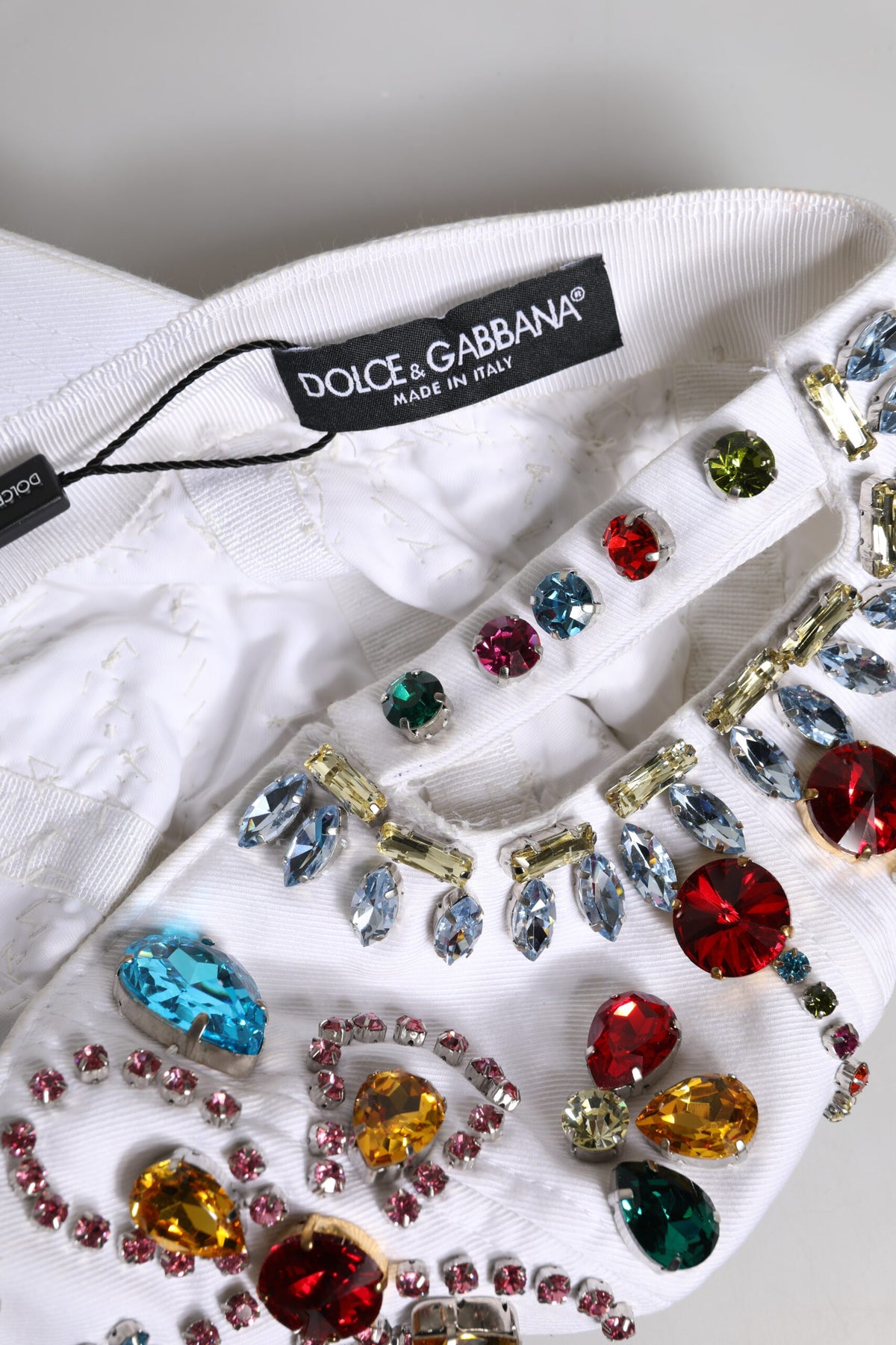 White Multicolor Crystal Embellish Baseball Cap