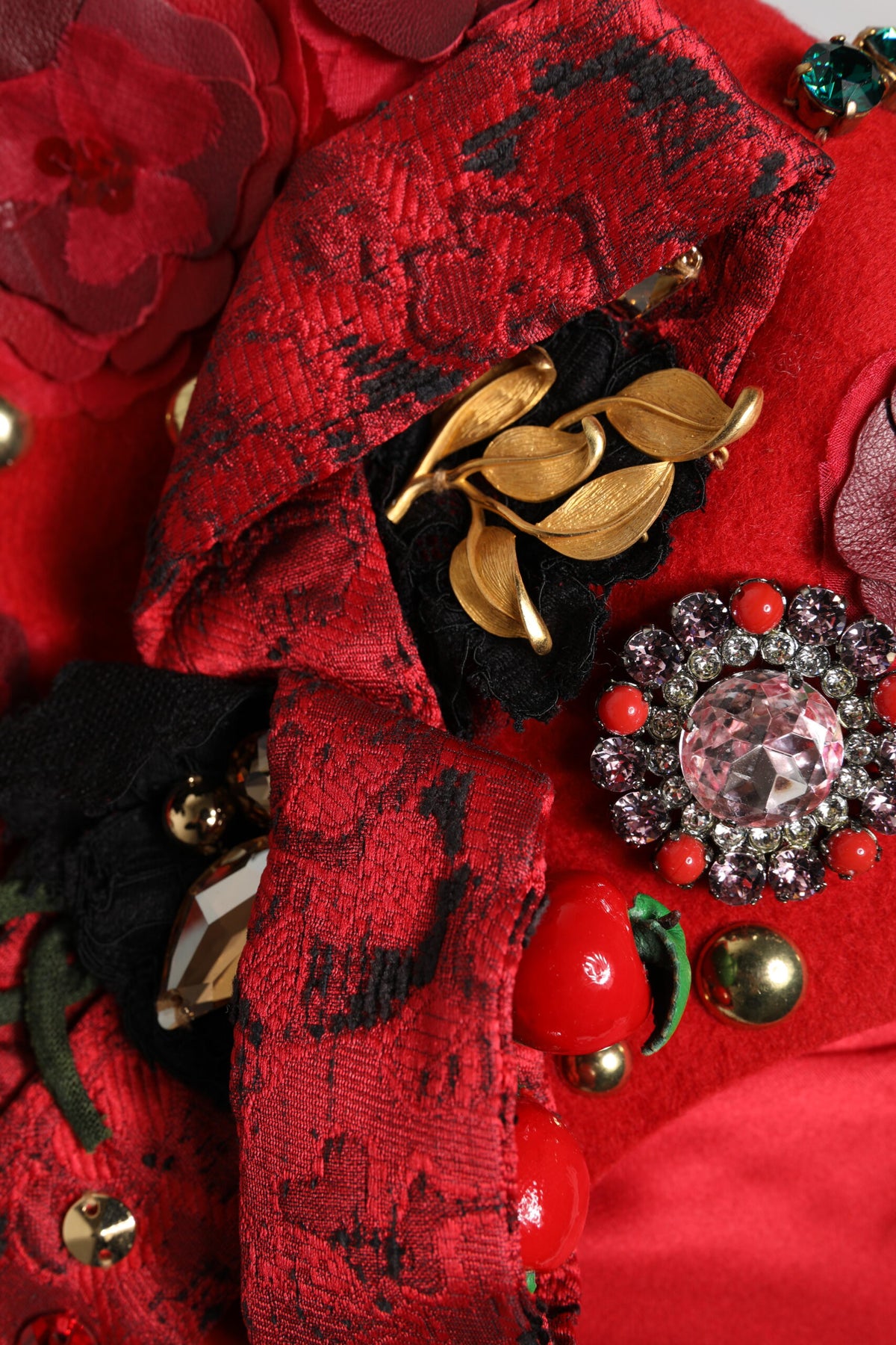 Red Crystal Gold Roses Brooch Embellished Hat