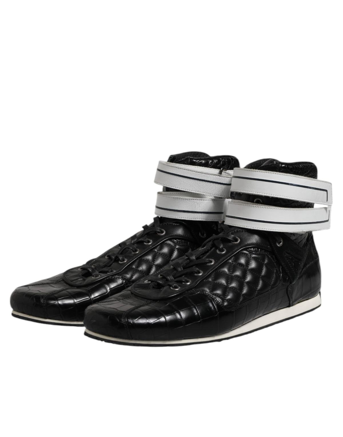 Black Quilted Leather Lace Up Sneakers Shoes