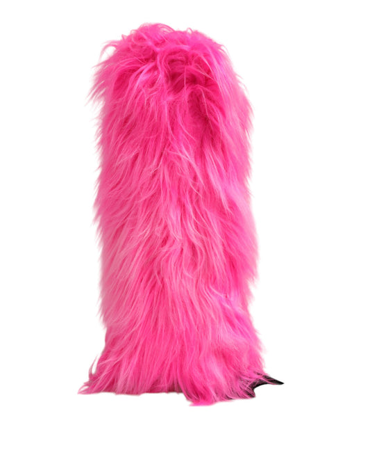 Pink Faux Fur Leather High Heels Boots Shoes