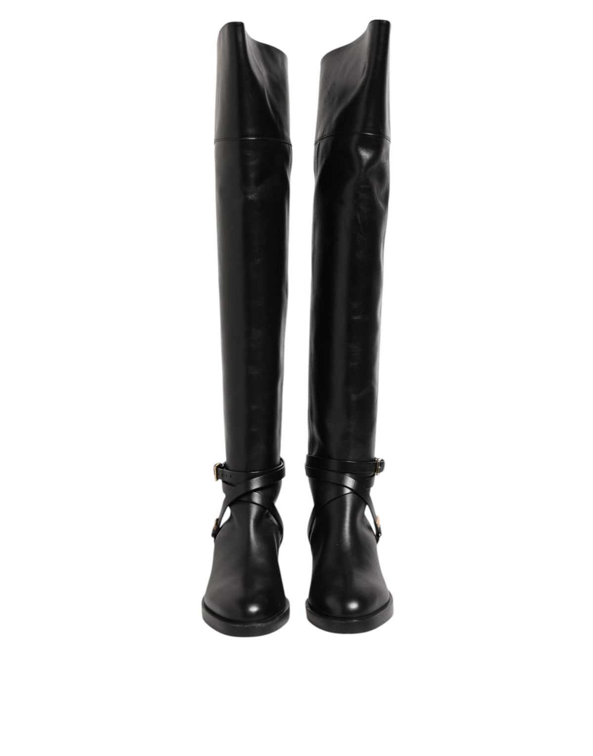 Black Leather Buckled High Boots Shoes