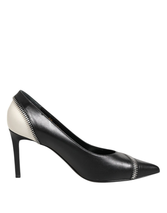 White Black Leather Pointed Toe Heels Shoes