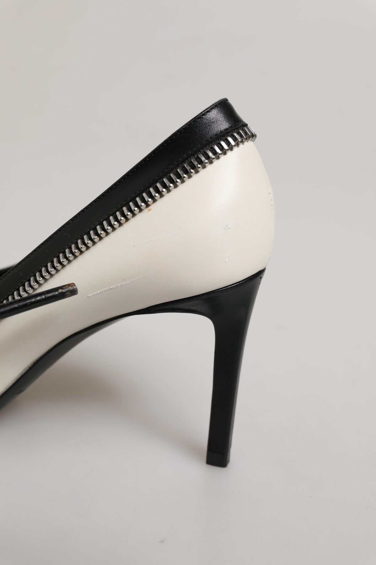 White Black Leather Pointed Toe Heels Shoes