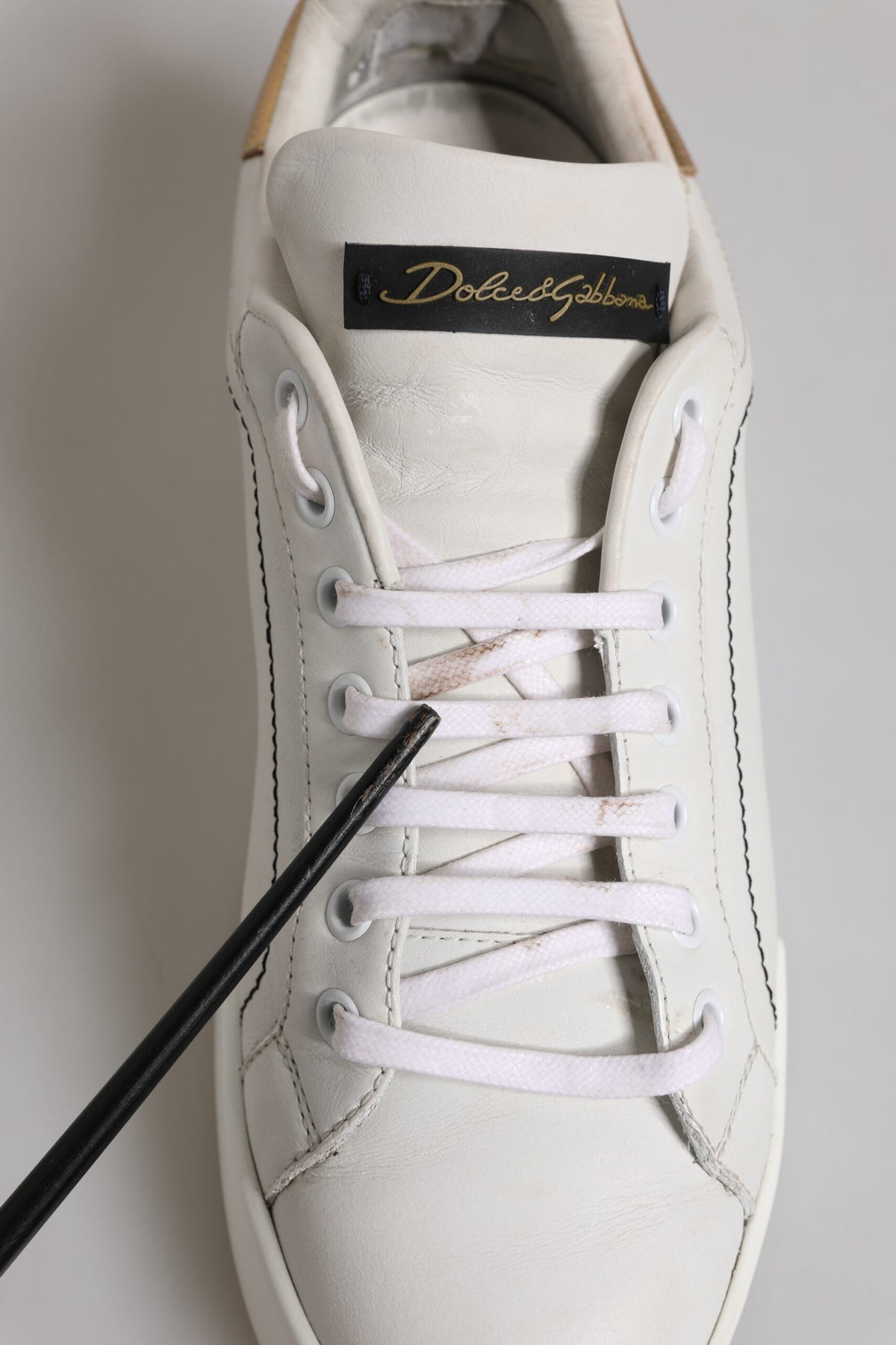 White Gold Leather Low Top Sneakers Shoes