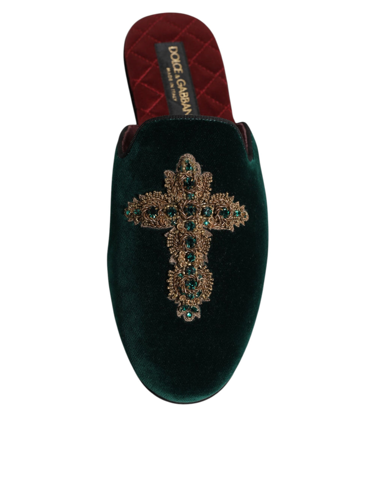 Green Velvet Cross Embellished Slippers Shoes