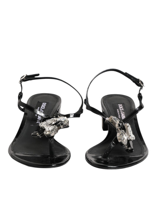 Black Leather Crystal Ankle Strap Sandals Shoes