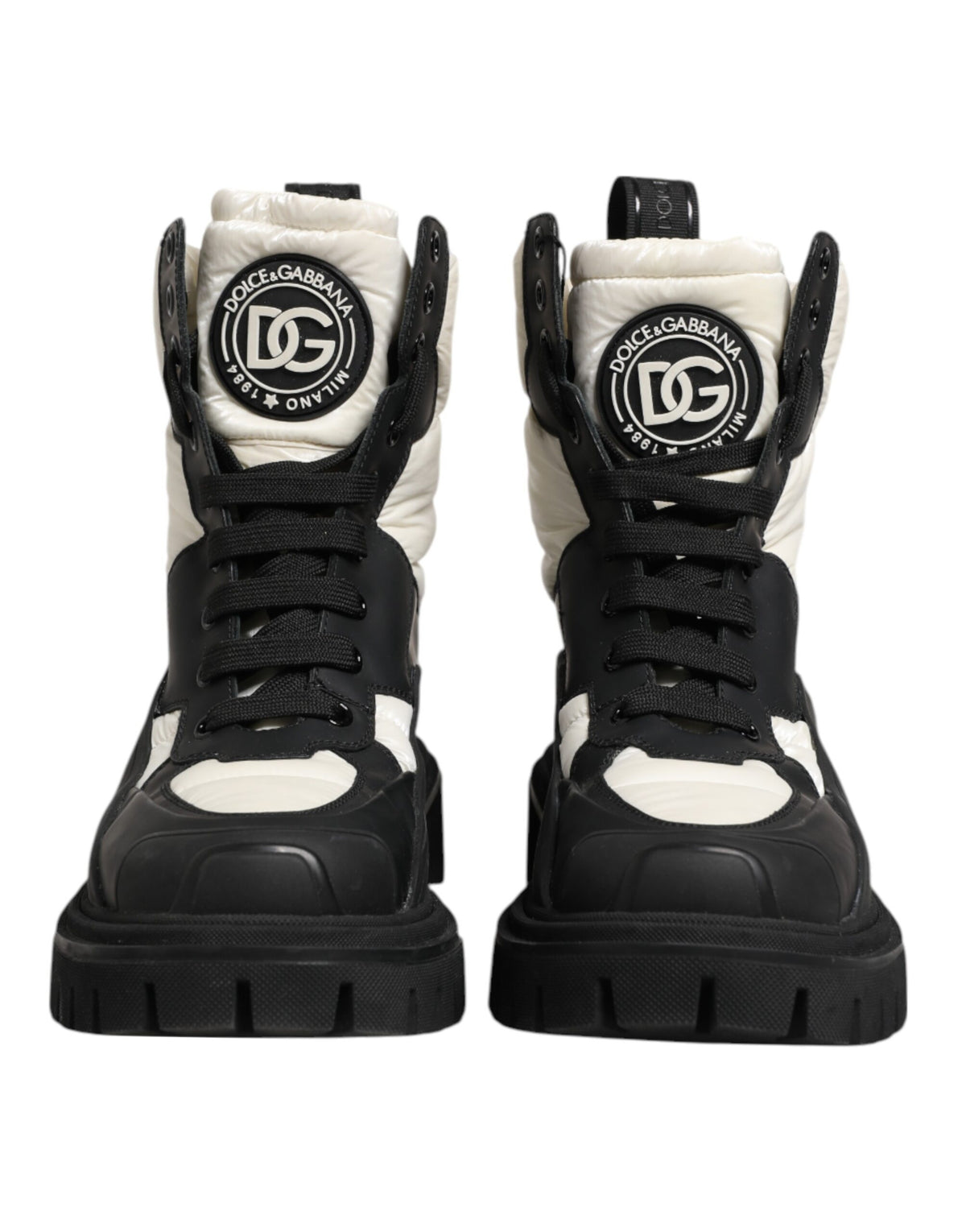 Black White Padded Mid Calf Lace Up Boots Shoes