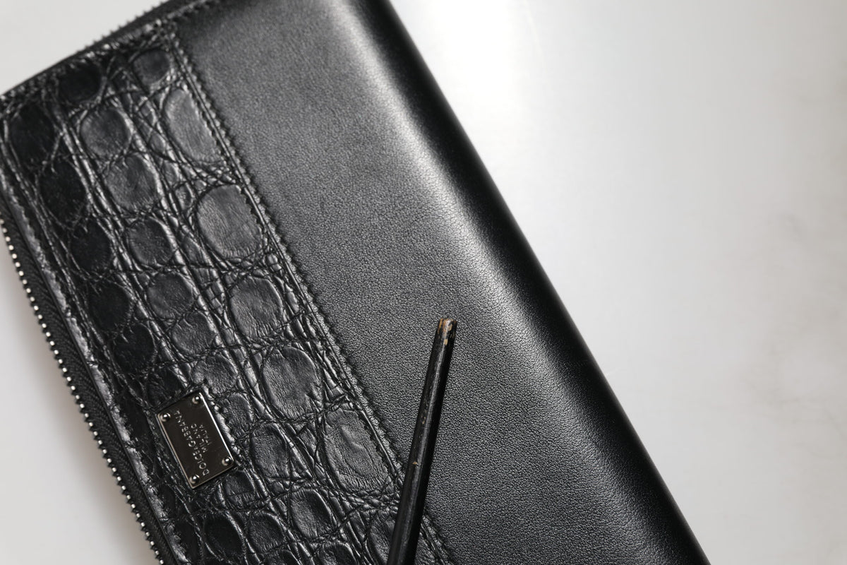 Black Leather DG Plaque Zip Around Continental Wallet
