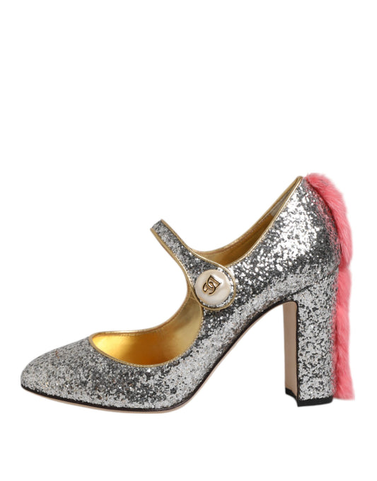 Silver Glitter Mink Fur VALLY Pump Shoes