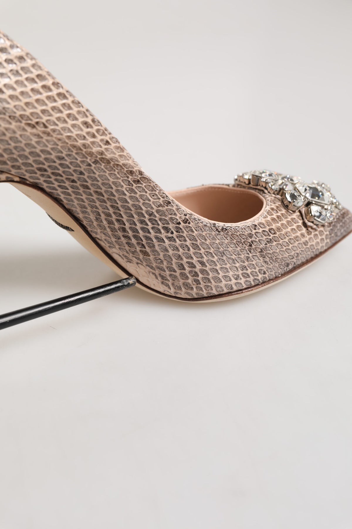 Beige Leather Crystal Embellished Pumps Shoes