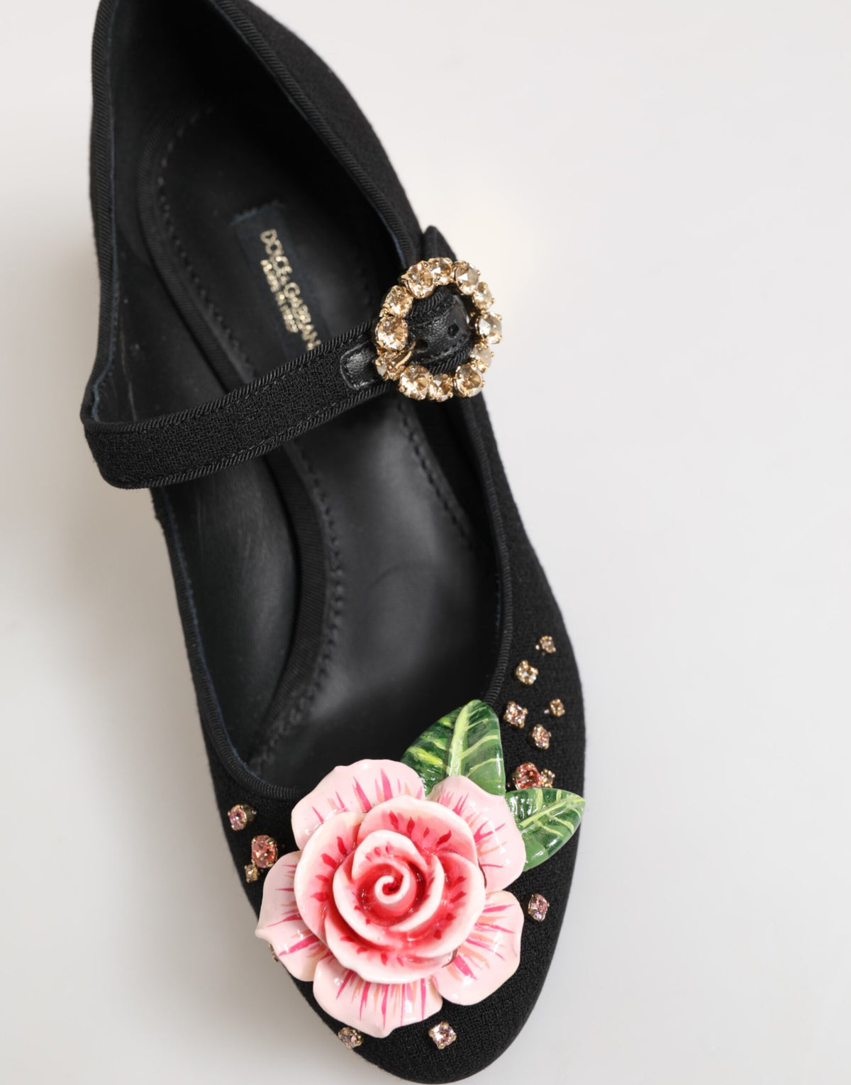 Black Flower Crystal Embellished Mary Jane Shoes