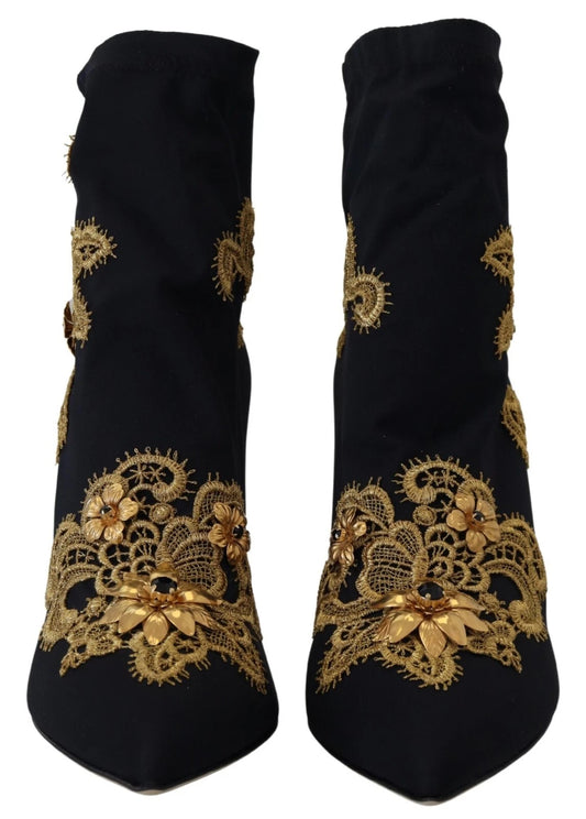Black Gold Embroidery Crystal Boots Shoes