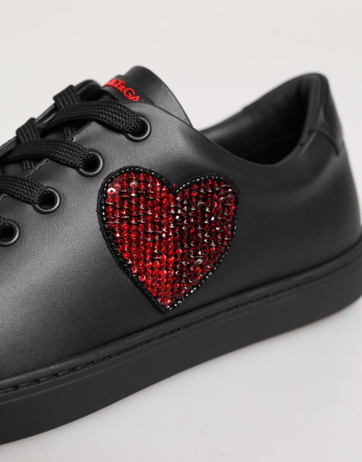 Black Leather Crystal Heart Low Top Sneakers  Shoes